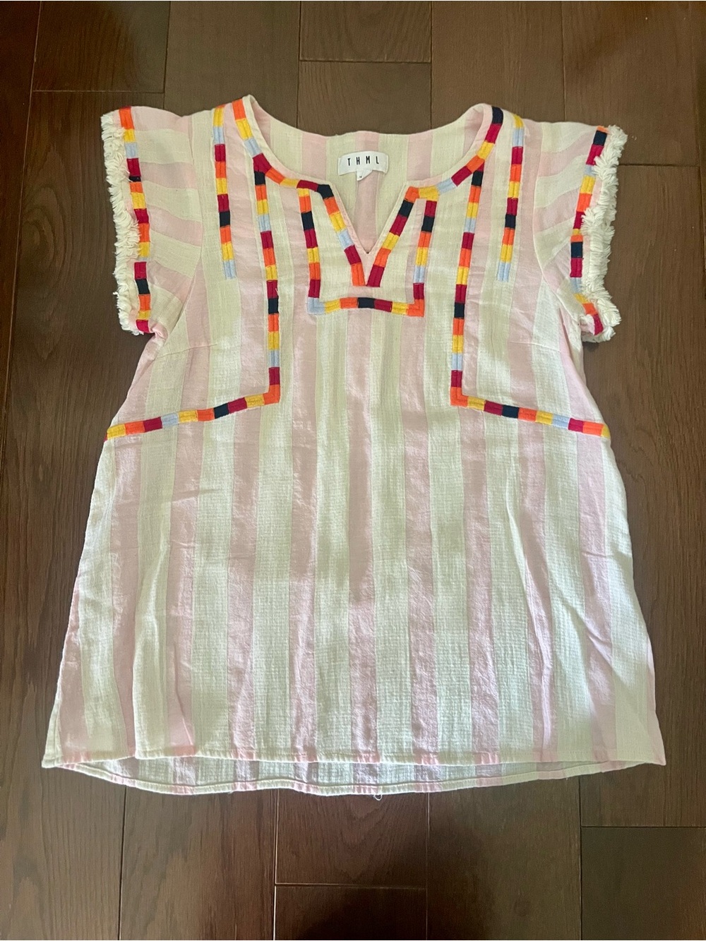 THML Striped Pink Embroidered Short Sleeve Tunic